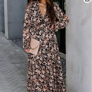 Dress.Maxi.Size M.Black, pink, tan.Black slip attached inside dress.Polyester.